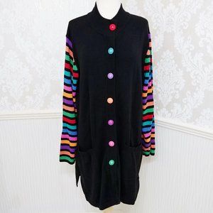 EUC Bob Mackie Wearable Art Long Duster Cardigan Sweater Jacket Striped Sleeves
